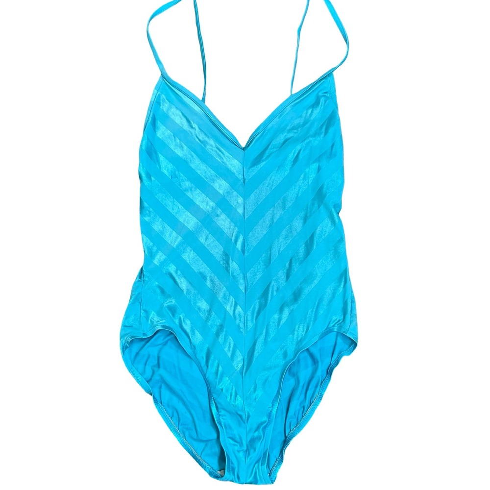 Bobbie Brooks Vintage Hi-Cut One Piece Swimsuit Women 9/10 Blue Striped Chevron